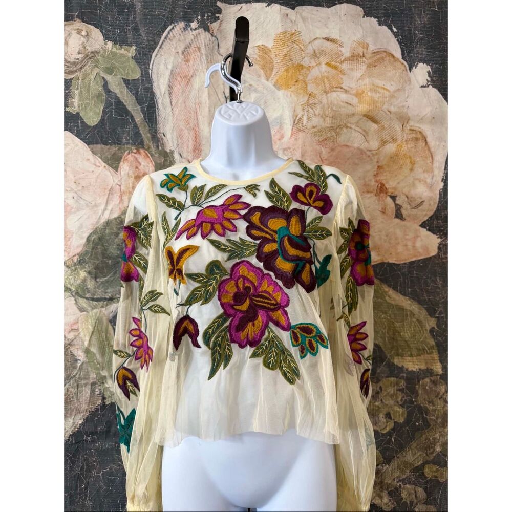 Anthropologie The Layla Long-Sleeve Appliqué Mesh Blouse Size S - Picture 6 of 9